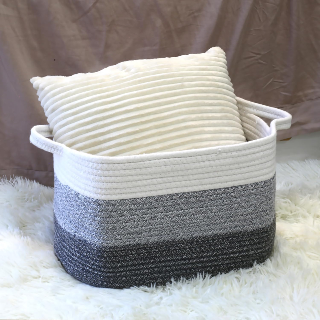 2 Pack Storage Basket for Organizing, 15''X10''X9'' Rope Basket with Handles, Toy Basket, Gift Baskets Empty, Blanket Basket for Living Room, Bedroom, 3 Tone Grey.
