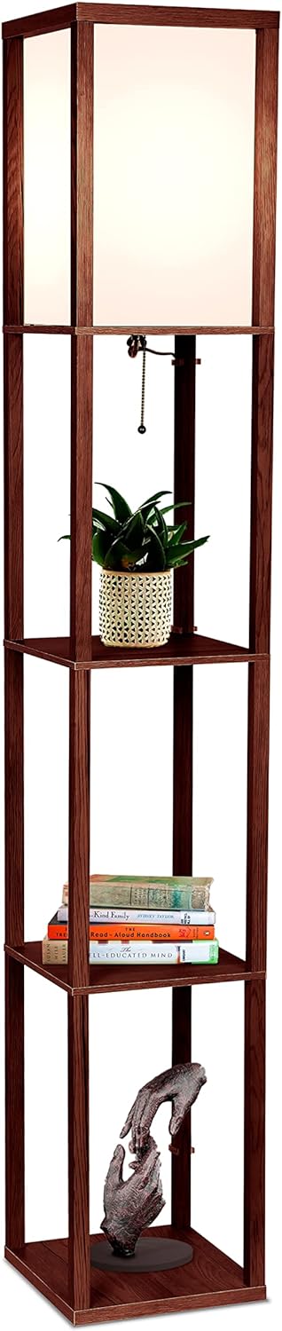 Brightech Maxwell - Modern Shelf Floor Lamp with Lamp Shade and LED Bulb - Corner Display Floor Lamps with Shelves for Living Room, Bedroom and Office - Natural Wood