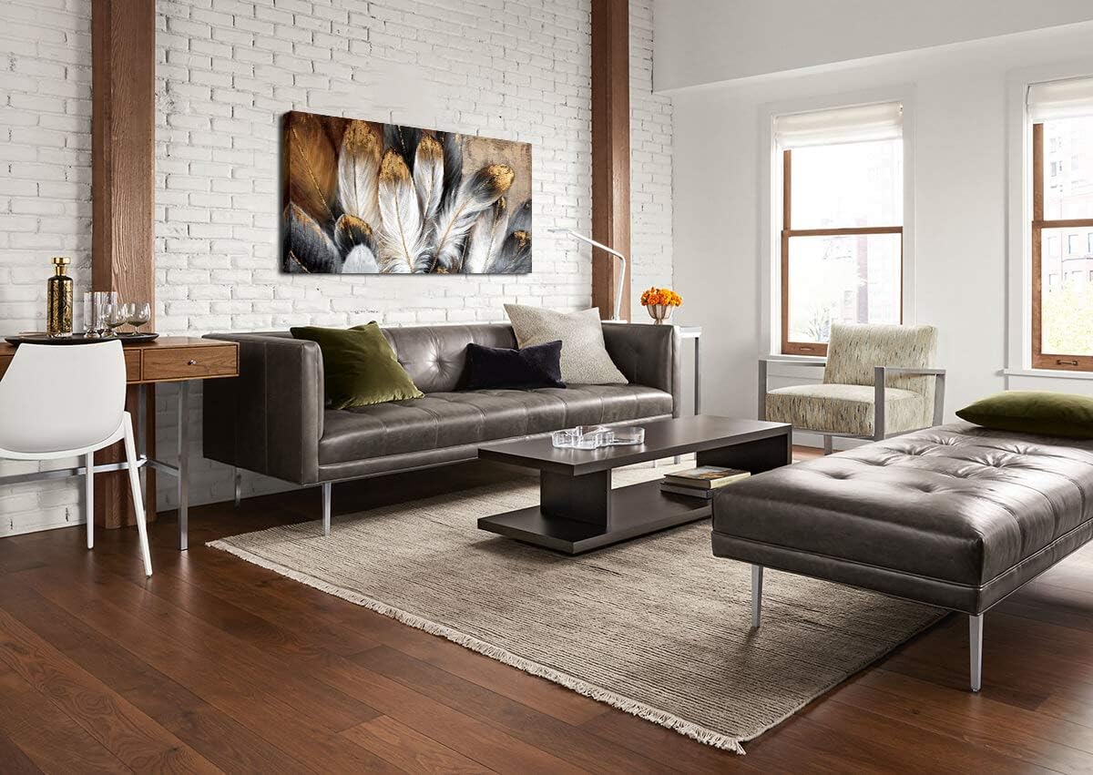 Feather Wall Art Modern Living Room Bedroom Wall Decoration Large Giclee Print Canvas Painting Artwork for Home Decor One Piece White Gold Brown Feather Picture Ready to Hang 24x48 Size