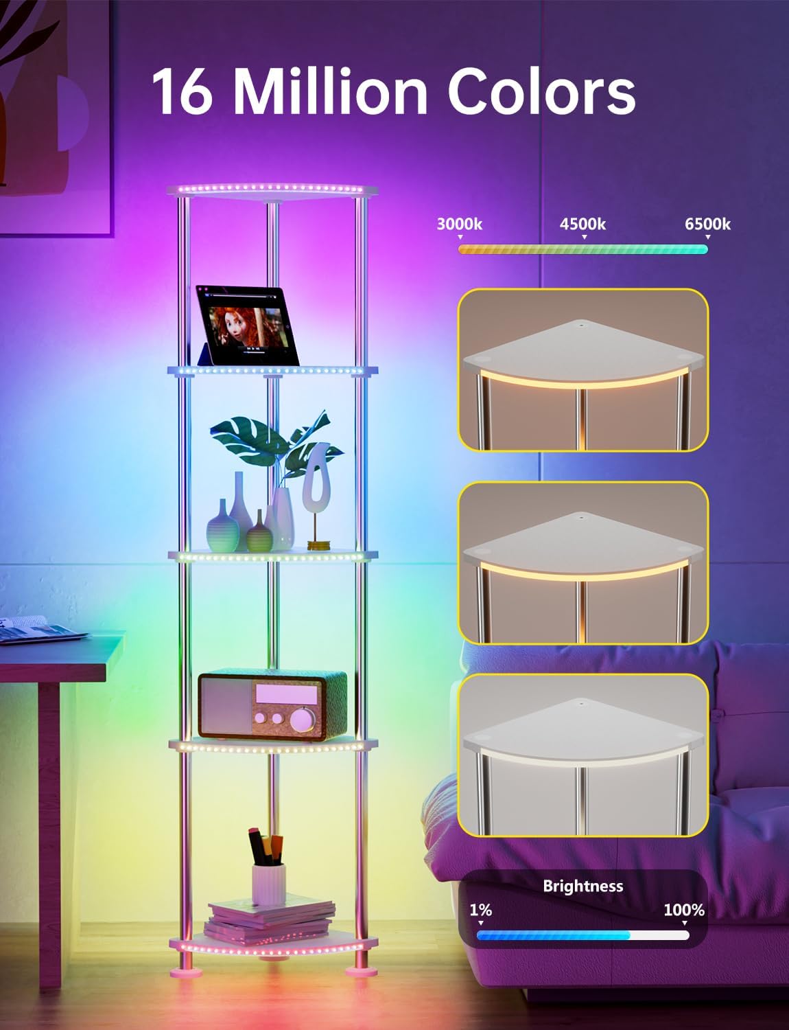 Floor Lamp with Shelf Corner Shelf with Light Standing Lamp with Shelves Music Sync Dimmable and Timing Corner Lamp with Wireless Charger & USB Port 5 Tier White