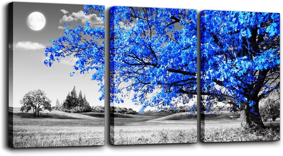 Wall Art For Living Room black and white Blue tree moon Canvas Wall Decor for Home artwork Painting 12" x 16" 3 Pieces Canvas Print For bedroom Decor Modern Salon kitchen office Hang a picture