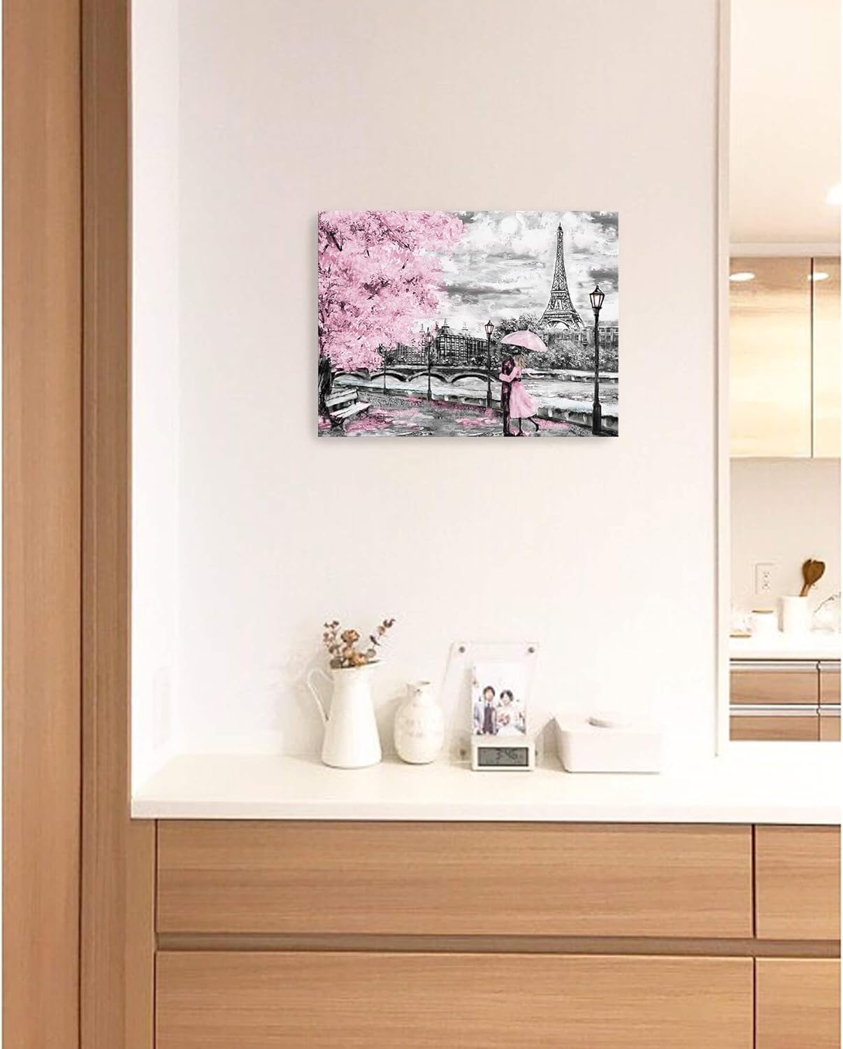 Seine River Paris Tower Theme Decorative Painting Romantic Pink Cherry Blossom Tree Oil Painting Bathroom Bedroom Living Room Decoration Romantic Theme Dining Room Wall Art Decoration 12 × 15 inches