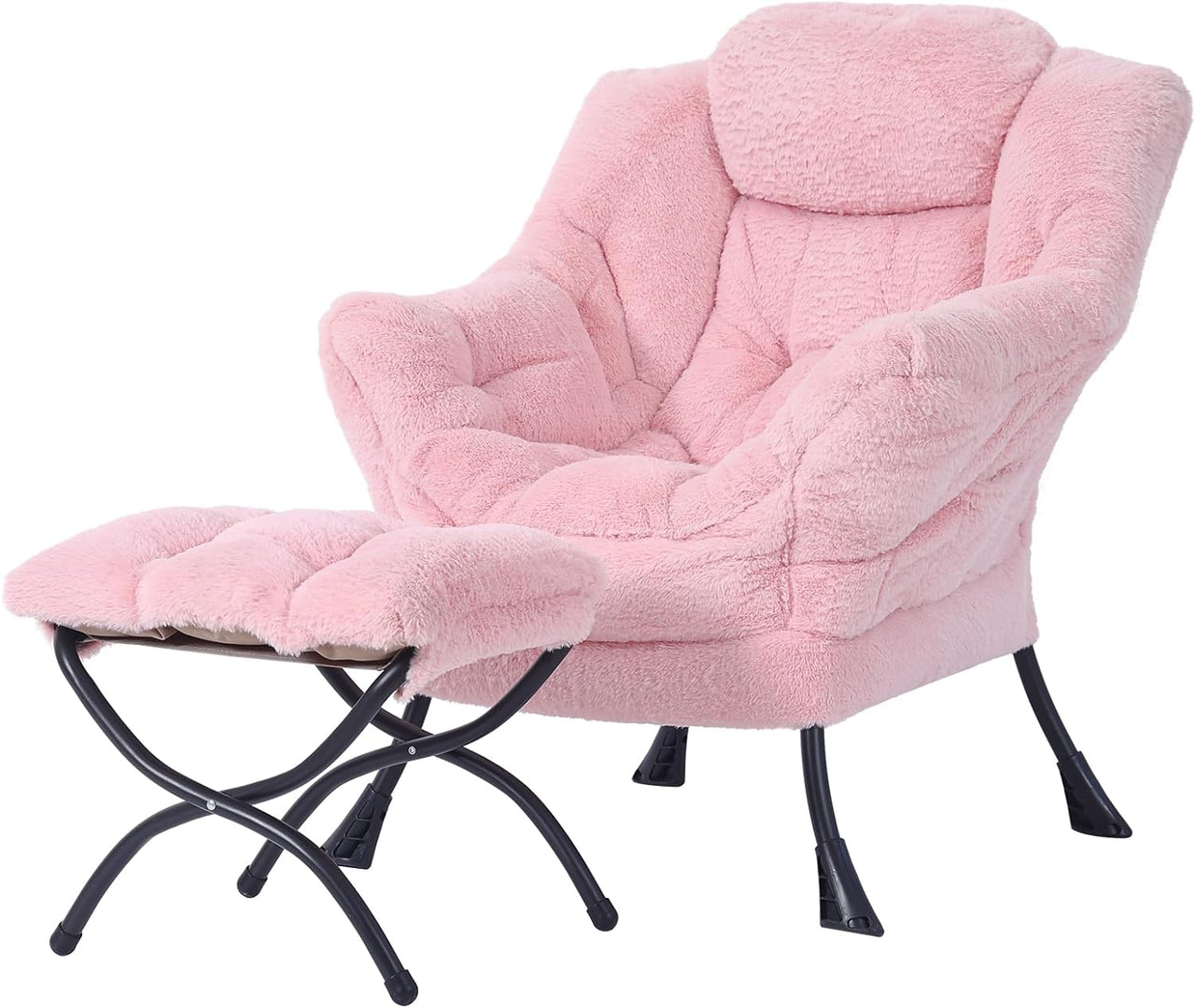 Welnow Lazy Chair with Ottoman, Modern Lounge Accent Chair with Armrests and a Side Pocket, Leisure Sofa Chair Set, Reading Chair with Footrest for Small Space, Corner Chair, Plush Grey