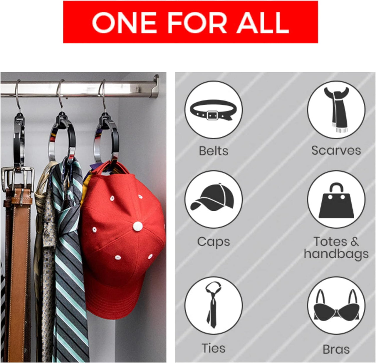 3-Pack Multipurpose Closet Hanger Organize All Your Belts, Sport Hats, Ties, Scarves, Purses, Garment, Gear and More! ROLLY HANGER is Uniquely Designed to Accommodate Both Heavy and Light Items