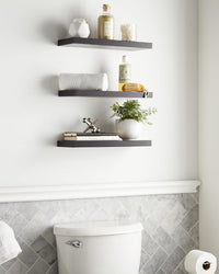 Thumbnail for BAYKA Floating Shelves, Wall Mounted Rustic Wood Shelves for Bathroom, Bedroom, Living Room, Kitchen, Small Hanging Shelf for Books/Storage/Room Decor with 22lbs Capacity (Black, Set of 3, 16in)