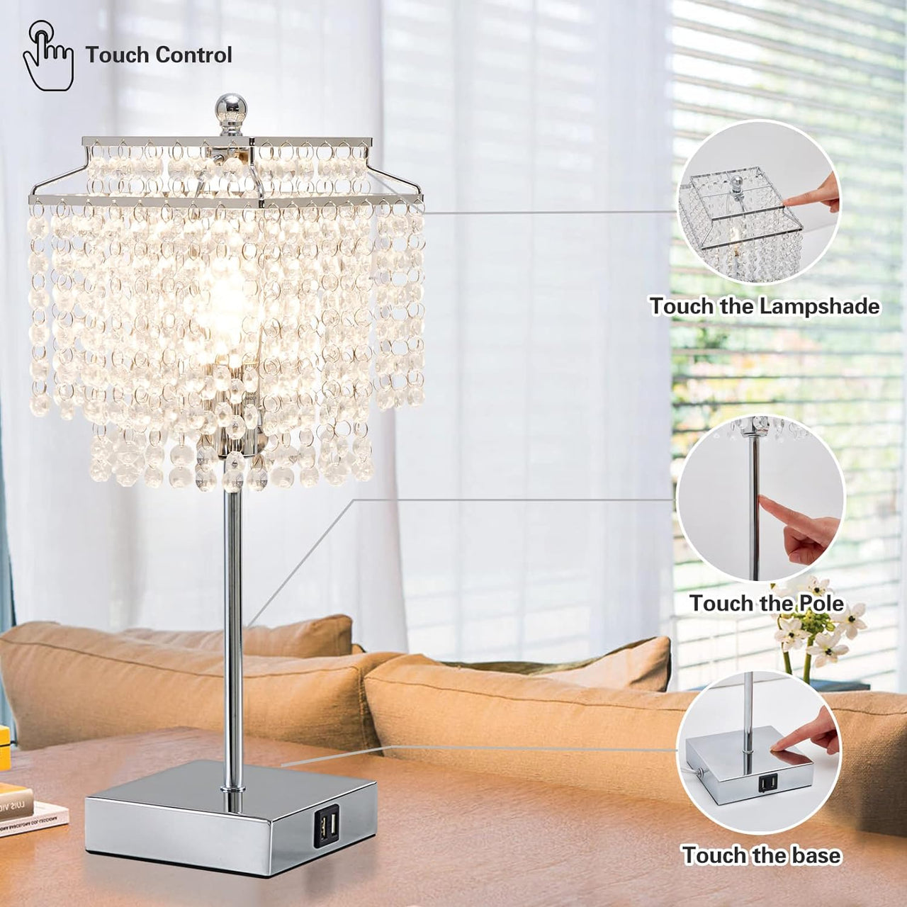 Luvkczc Crystal Table Lamp with Touch Control, USB Bedside Crystal Table Lamp, 3-Way Dimmable Lamp with Crystal Shade for Girls Bedroom, Living Room, 6W LED Bulb Included
