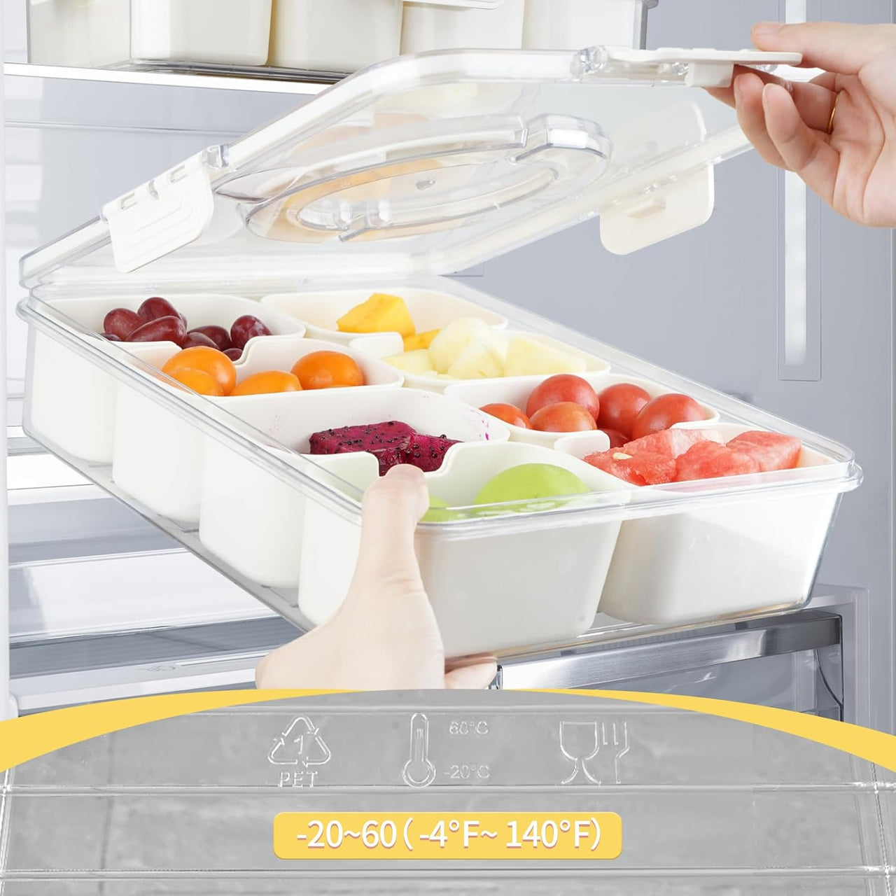 Divided Serving Tray with Lids& Removable, Snack Fruit Tray, 8 Compartment Square Food Storage Lunch Organizer for Vegetarian Candy, Fruits, Nuts, Snacks, for Party, Entertaining, Picnic