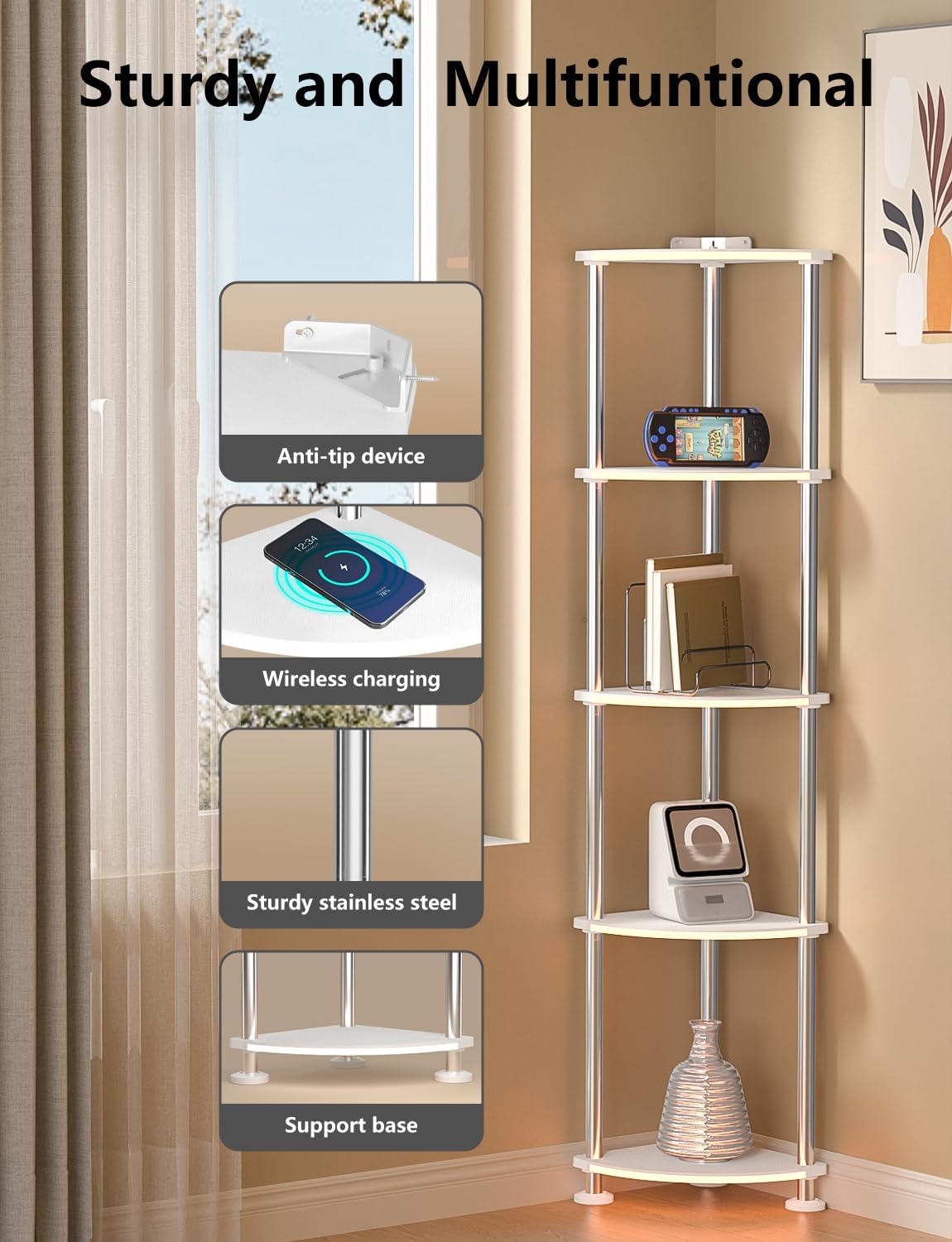 Floor Lamp with Shelf Corner Shelf with Light Standing Lamp with Shelves Music Sync Dimmable and Timing Corner Lamp with Wireless Charger & USB Port 5 Tier White