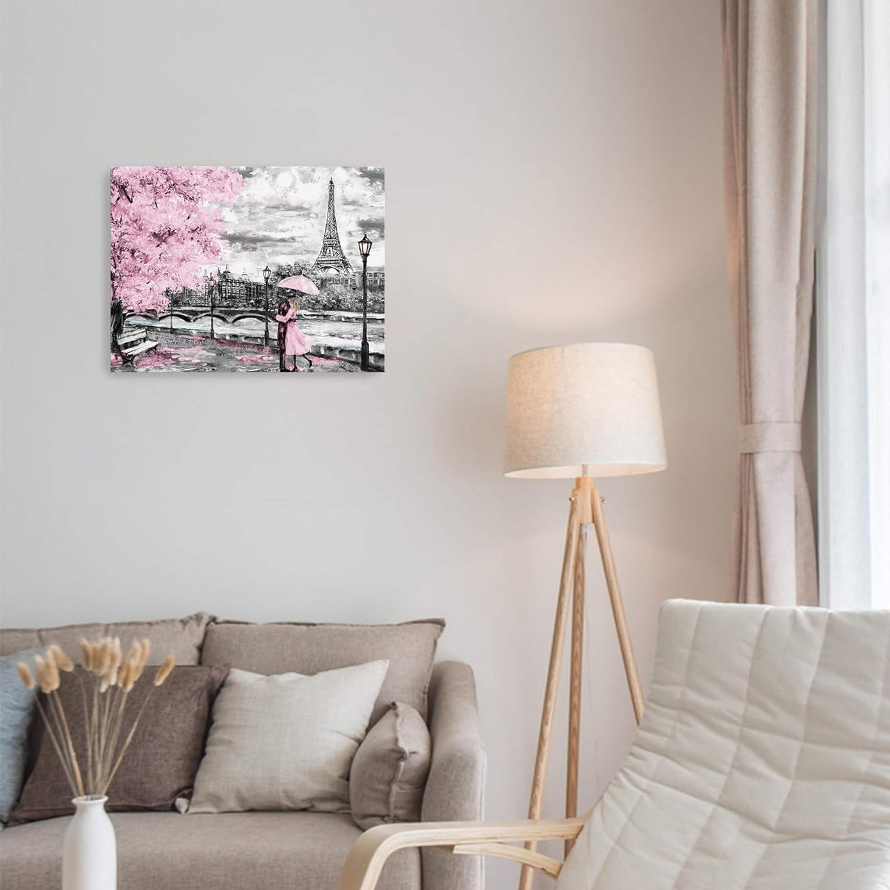 Seine River Paris Tower Theme Decorative Painting Romantic Pink Cherry Blossom Tree Oil Painting Bathroom Bedroom Living Room Decoration Romantic Theme Dining Room Wall Art Decoration 12 × 15 inches