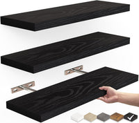 Thumbnail for BAYKA Floating Shelves, Wall Mounted Rustic Wood Shelves for Bathroom, Bedroom, Living Room, Kitchen, Small Hanging Shelf for Books/Storage/Room Decor with 22lbs Capacity (Black, Set of 3, 16in)