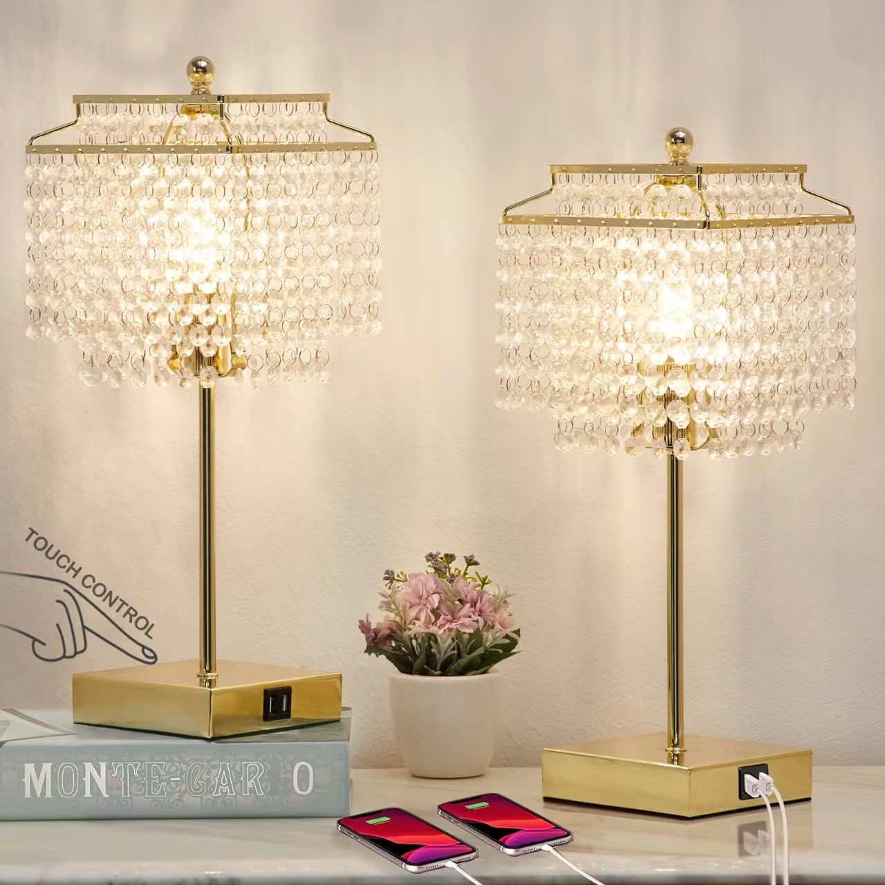 Luvkczc Crystal Table Lamp with Touch Control, USB Bedside Crystal Table Lamp, 3-Way Dimmable Lamp with Crystal Shade for Girls Bedroom, Living Room, 6W LED Bulb Included