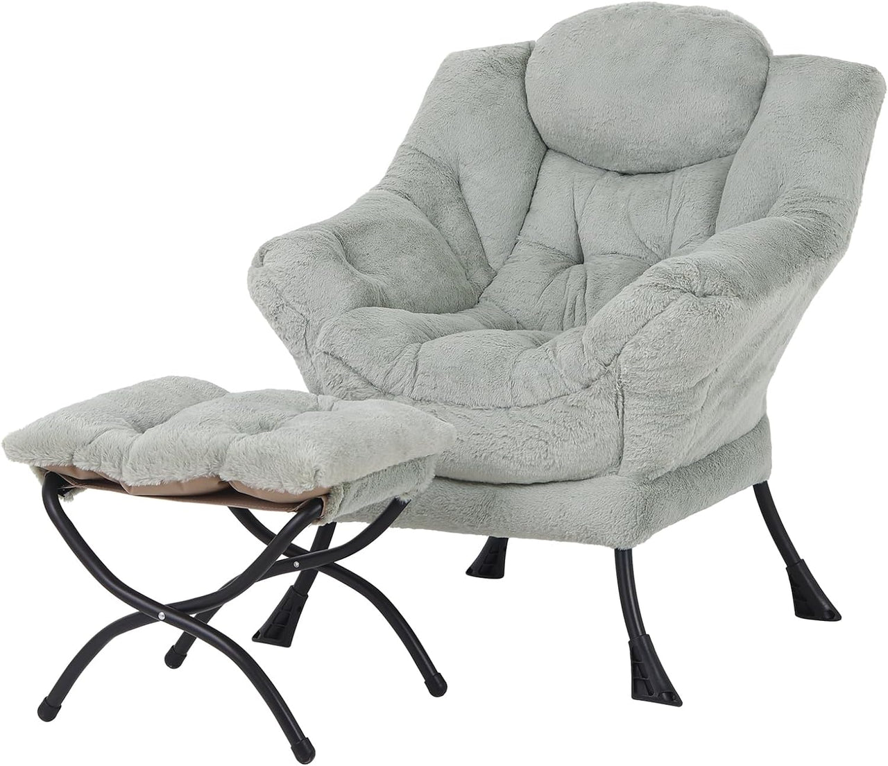 Welnow Lazy Chair with Ottoman, Modern Lounge Accent Chair with Armrests and a Side Pocket, Leisure Sofa Chair Set, Reading Chair with Footrest for Small Space, Corner Chair, Plush Grey