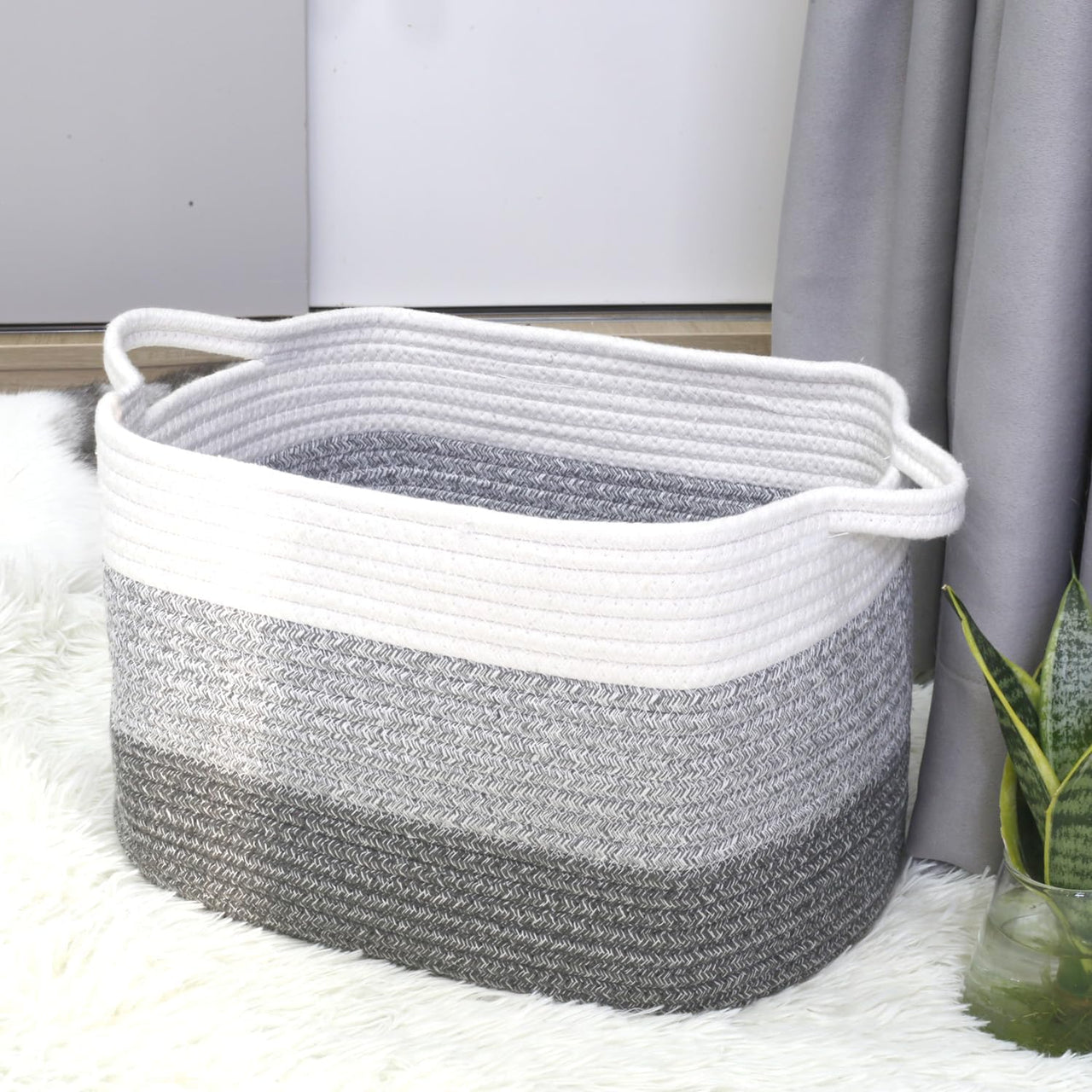 2 Pack Storage Basket for Organizing, 15''X10''X9'' Rope Basket with Handles, Toy Basket, Gift Baskets Empty, Blanket Basket for Living Room, Bedroom, 3 Tone Grey.