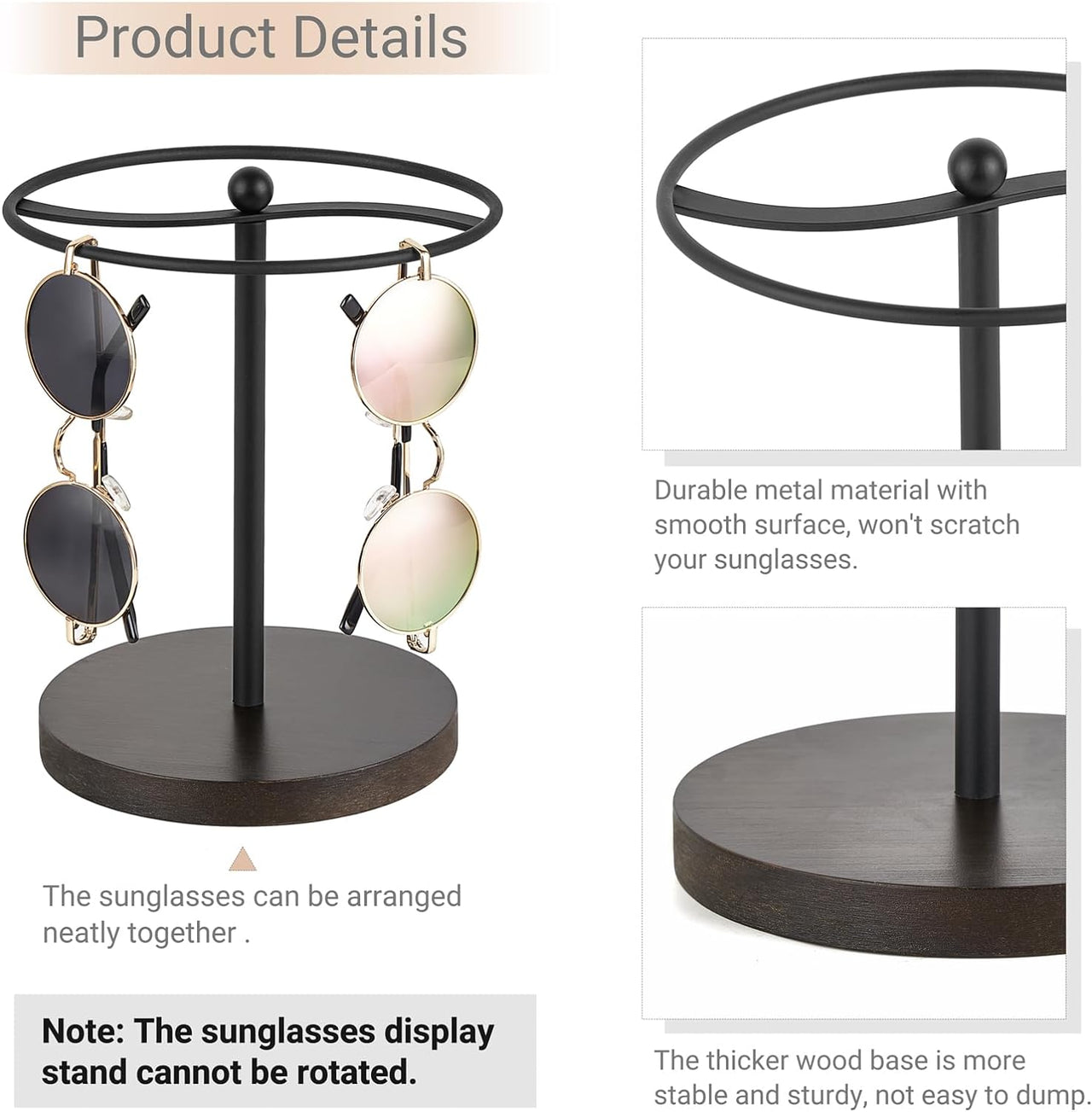 Mkono Sunglasses Organizer Glasses Holder Stand Metal Frame with Wood Base Sunglass Storage Display Eyeglasses Rack for up to 12 Pairs of Eyewear Glasses for Table Dresser Desk Bedroom, Black