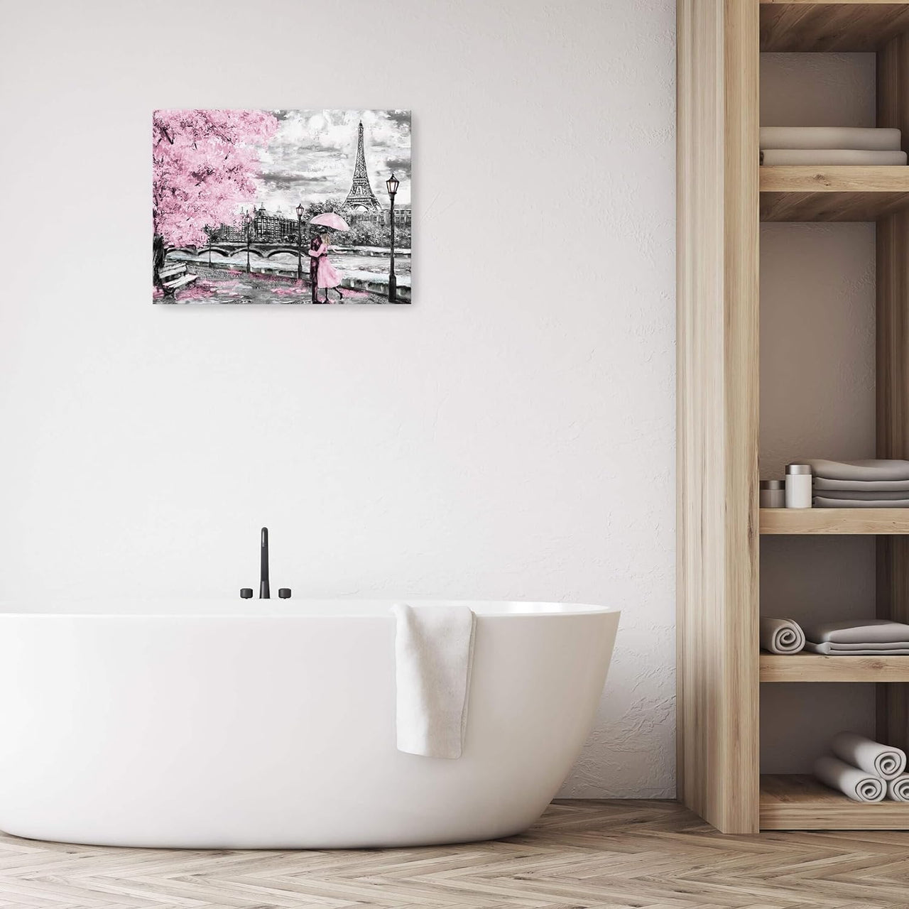 Seine River Paris Tower Theme Decorative Painting Romantic Pink Cherry Blossom Tree Oil Painting Bathroom Bedroom Living Room Decoration Romantic Theme Dining Room Wall Art Decoration 12 × 15 inches
