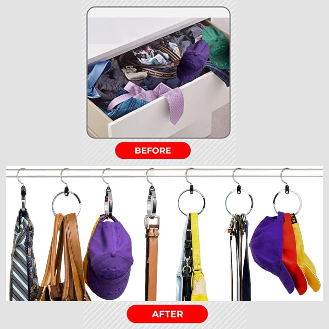 3-Pack Multipurpose Closet Hanger Organize All Your Belts, Sport Hats, Ties, Scarves, Purses, Garment, Gear and More! ROLLY HANGER is Uniquely Designed to Accommodate Both Heavy and Light Items