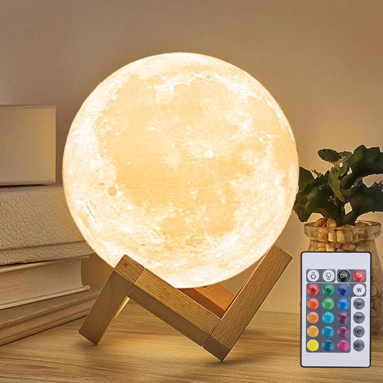 Mydethun 3D Moon Lamp with Ceramic Base, Mothers Day Gift, LED Night Light, Mood Lighting with Touch Control Brightness for Women,Home Décor, Bedroom, Kids Birthday, 3.5 Inch - White & Yellow