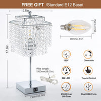 Thumbnail for Luvkczc Crystal Table Lamp with Touch Control, USB Bedside Crystal Table Lamp, 3-Way Dimmable Lamp with Crystal Shade for Girls Bedroom, Living Room, 6W LED Bulb Included