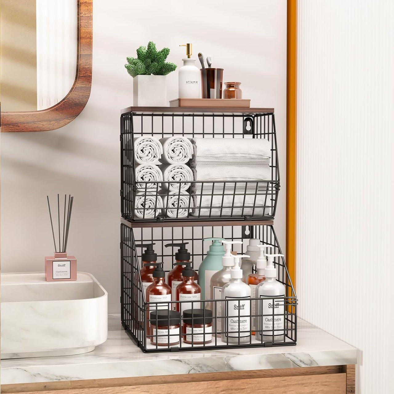 Fruit and Vegetable storage, 2 Set Wall Mounted Wire Baskets, Fruit Basket for Kitchen Counter, Hanging Fruit Basket, Potato Onion Basket, Wire Basket for Organizing, Countertop Organization Pantry
