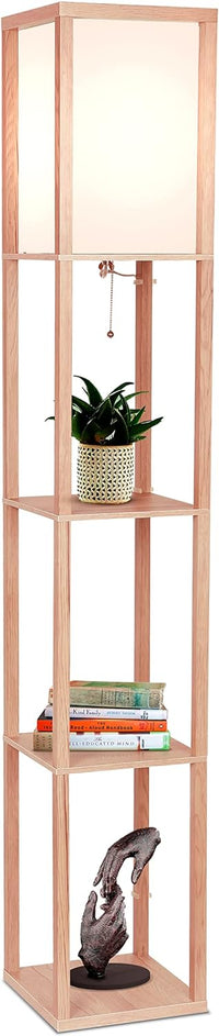 Thumbnail for Brightech Maxwell - Modern Shelf Floor Lamp with Lamp Shade and LED Bulb - Corner Display Floor Lamps with Shelves for Living Room, Bedroom and Office - Natural Wood
