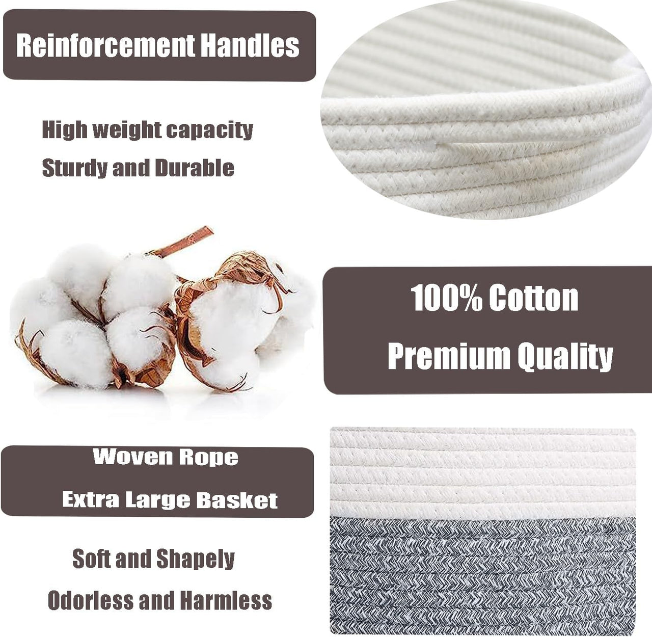 2 Pack Storage Basket for Organizing, 15''X10''X9'' Rope Basket with Handles, Toy Basket, Gift Baskets Empty, Blanket Basket for Living Room, Bedroom, 3 Tone Grey.