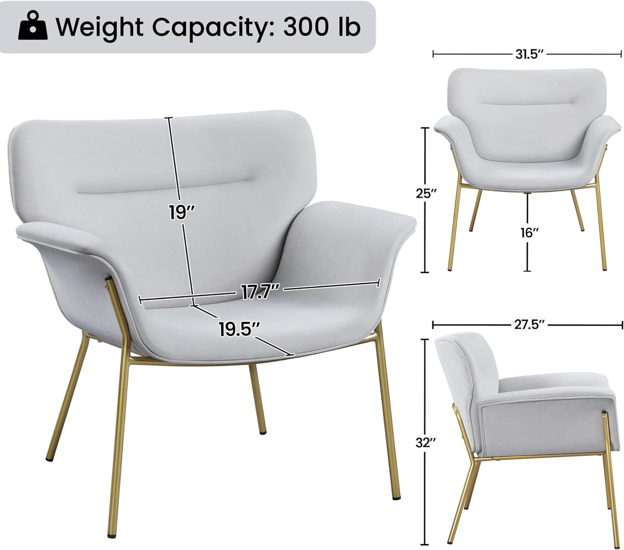Yaheetech Accent Chair Modern Living Room Chair Velvet Fabric Vanity Chair with Golden Legs Upholstered Armchair for Bedroom/Dressing Room Gray, 2 PCS