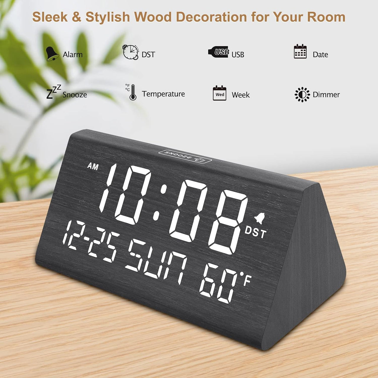 DreamSky Digital Alarm Clocks for Bedrooms - Wooden Electric Clock with USB Ports, Date, Weekday, Temperature, 0-100% Brightness Dimmer, Adjustable Alarm Volume, Snooze, Auto DST