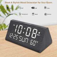 Thumbnail for DreamSky Digital Alarm Clocks for Bedrooms - Wooden Electric Clock with USB Ports, Date, Weekday, Temperature, 0-100% Brightness Dimmer, Adjustable Alarm Volume, Snooze, Auto DST