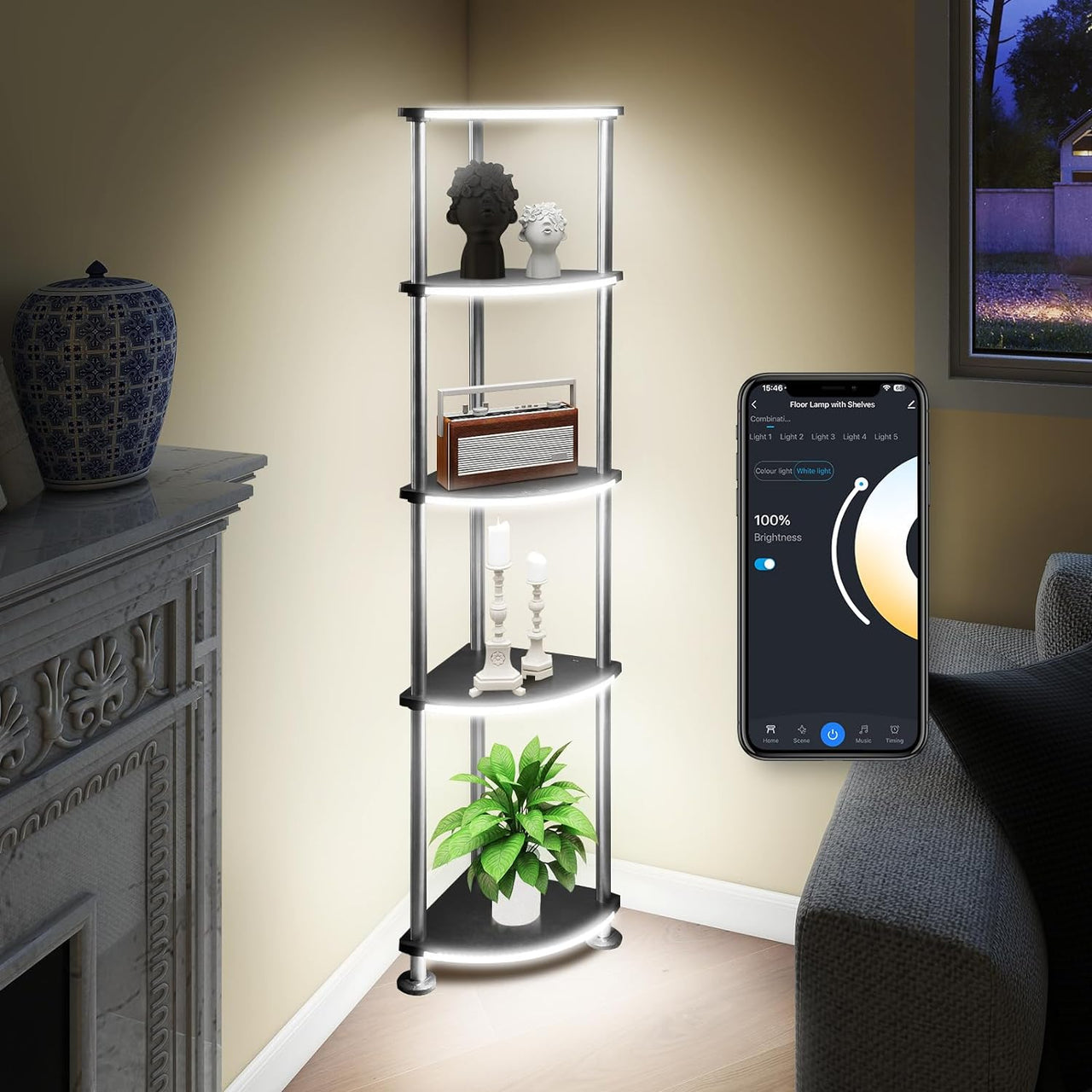 Floor Lamp with Shelf Corner Shelf with Light Standing Lamp with Shelves Music Sync Dimmable and Timing Corner Lamp with Wireless Charger & USB Port 5 Tier White
