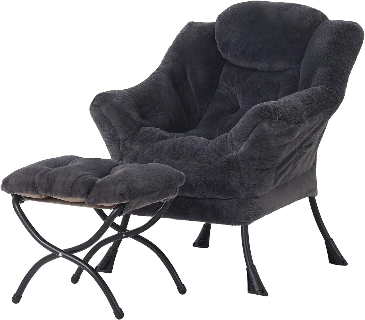 Welnow Lazy Chair with Ottoman, Modern Lounge Accent Chair with Armrests and a Side Pocket, Leisure Sofa Chair Set, Reading Chair with Footrest for Small Space, Corner Chair, Plush Grey