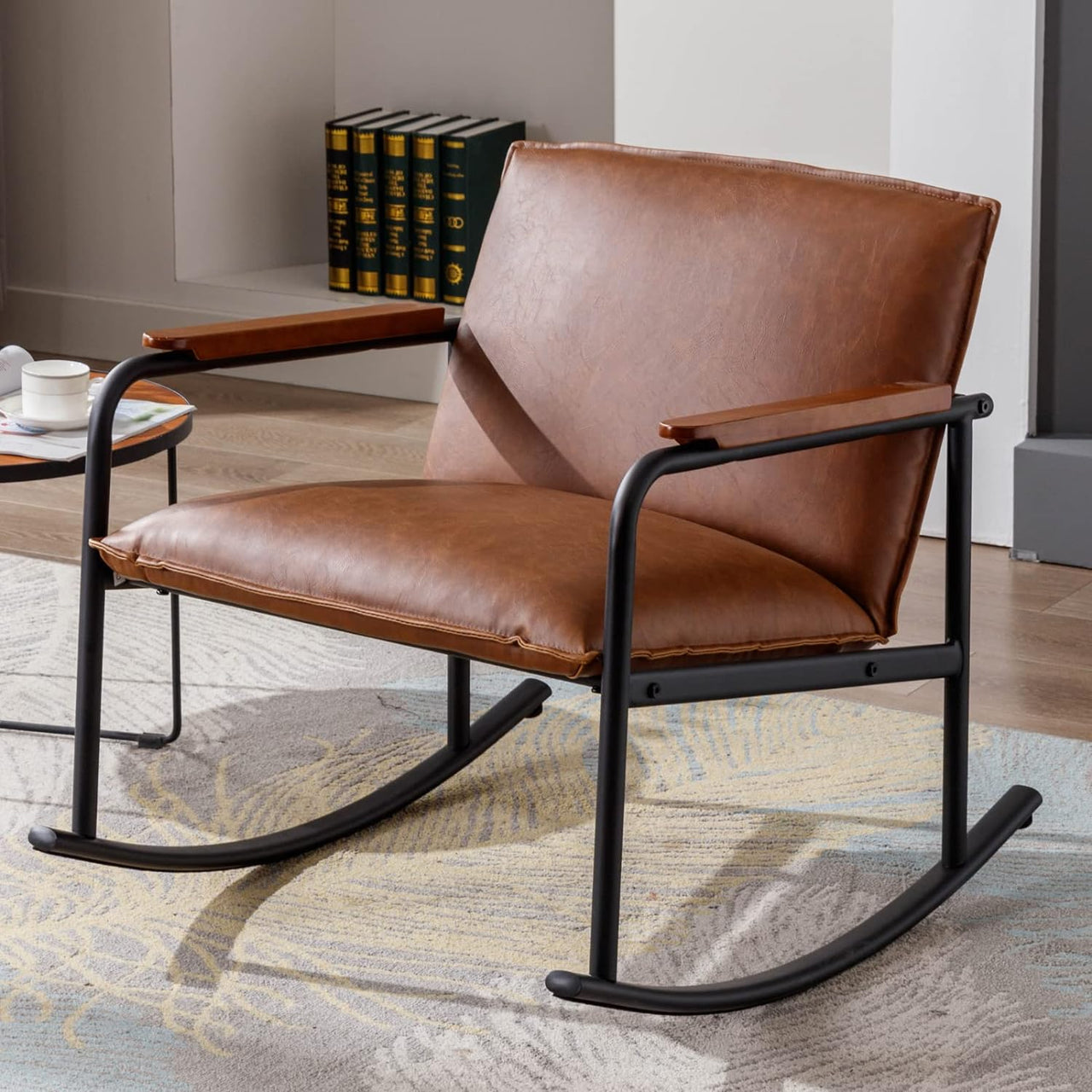 LukeAlon Mid Century Linen Rocking Accent Chair, Modern Lounge Chair with Metal Base Retro Comfy Low Nursery Rocker Chair with Wooden Armrest for Living Room Bedroom, Beige