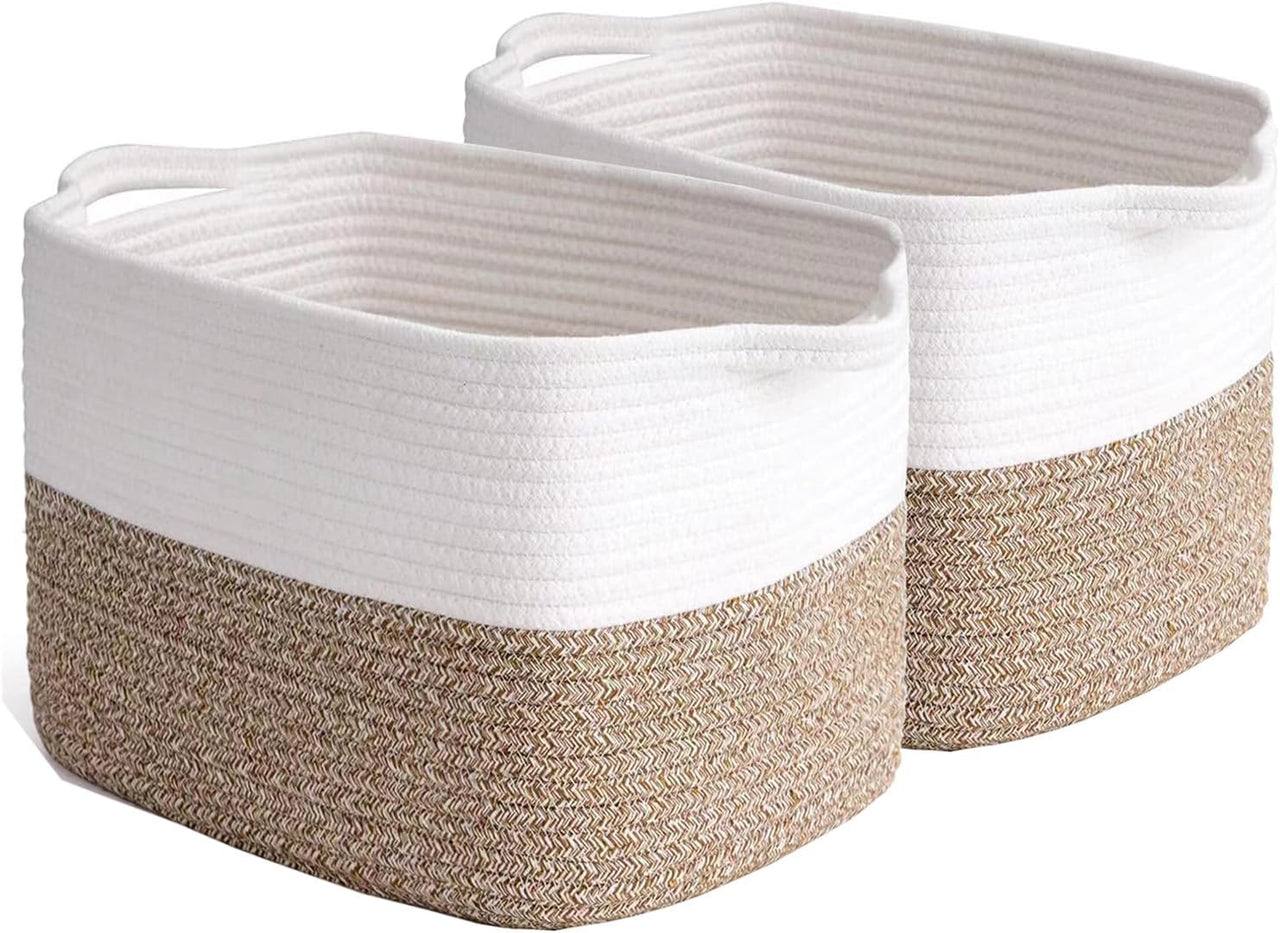 2 Pack Storage Basket for Organizing, 15''X10''X9'' Rope Basket with Handles, Toy Basket, Gift Baskets Empty, Blanket Basket for Living Room, Bedroom, 3 Tone Grey.