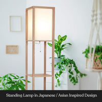 Thumbnail for Brightech Maxwell - Modern Shelf Floor Lamp with Lamp Shade and LED Bulb - Corner Display Floor Lamps with Shelves for Living Room, Bedroom and Office - Natural Wood