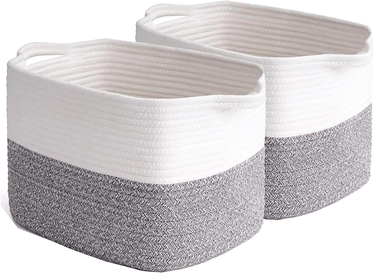 2 Pack Storage Basket for Organizing, 15''X10''X9'' Rope Basket with Handles, Toy Basket, Gift Baskets Empty, Blanket Basket for Living Room, Bedroom, 3 Tone Grey.