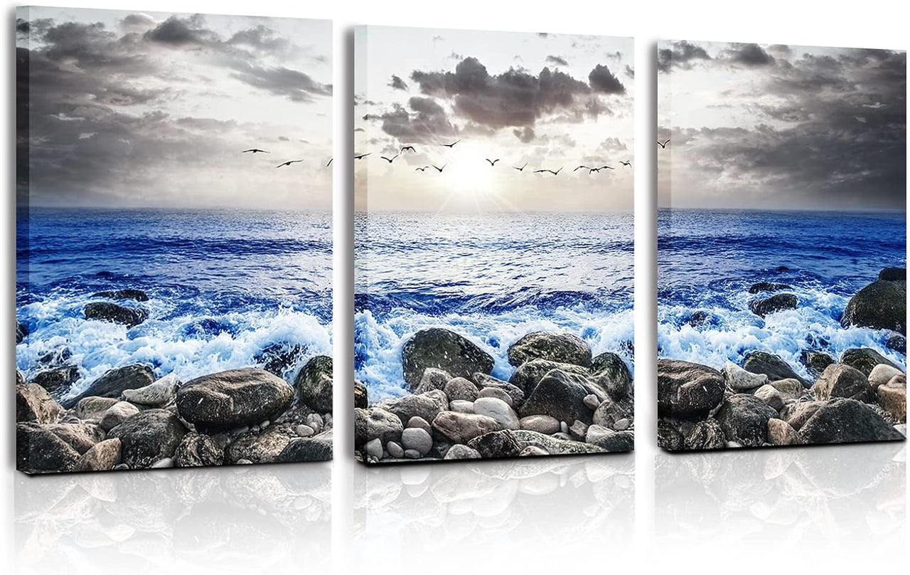 SERIMINO 3 Piece Lotus Flower Canvas Wall Art for Living Room White and Indigo Blue Floral Picture Wall Decor for Dining Room Bedroom Bathroom Kitchen Print Painting for Home Decorations
