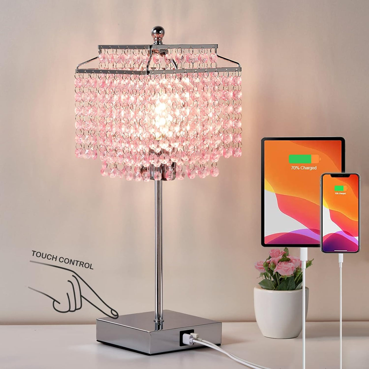 Luvkczc Crystal Table Lamp with Touch Control, USB Bedside Crystal Table Lamp, 3-Way Dimmable Lamp with Crystal Shade for Girls Bedroom, Living Room, 6W LED Bulb Included