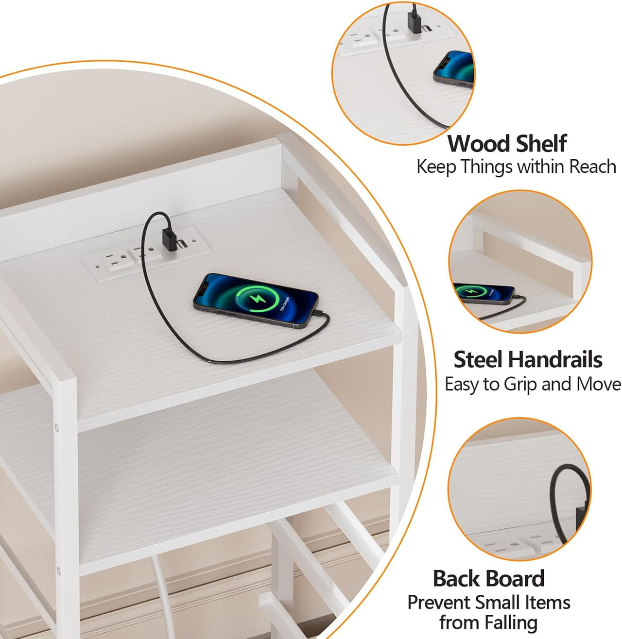 Furnulem White Nightstand with 4 Storage Drawer, Tall Dresser for Bedroom with Led Light and Charging Station, Side Table Nightstand for Closet, Fabric Bins, Metal Frame, Wood Shelf(White)