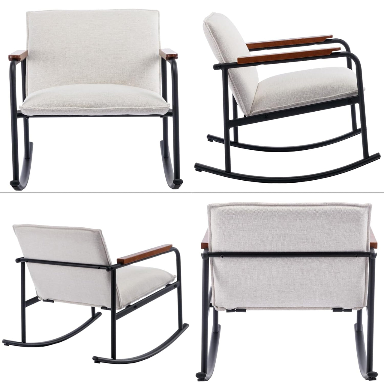 LukeAlon Mid Century Linen Rocking Accent Chair, Modern Lounge Chair with Metal Base Retro Comfy Low Nursery Rocker Chair with Wooden Armrest for Living Room Bedroom, Beige