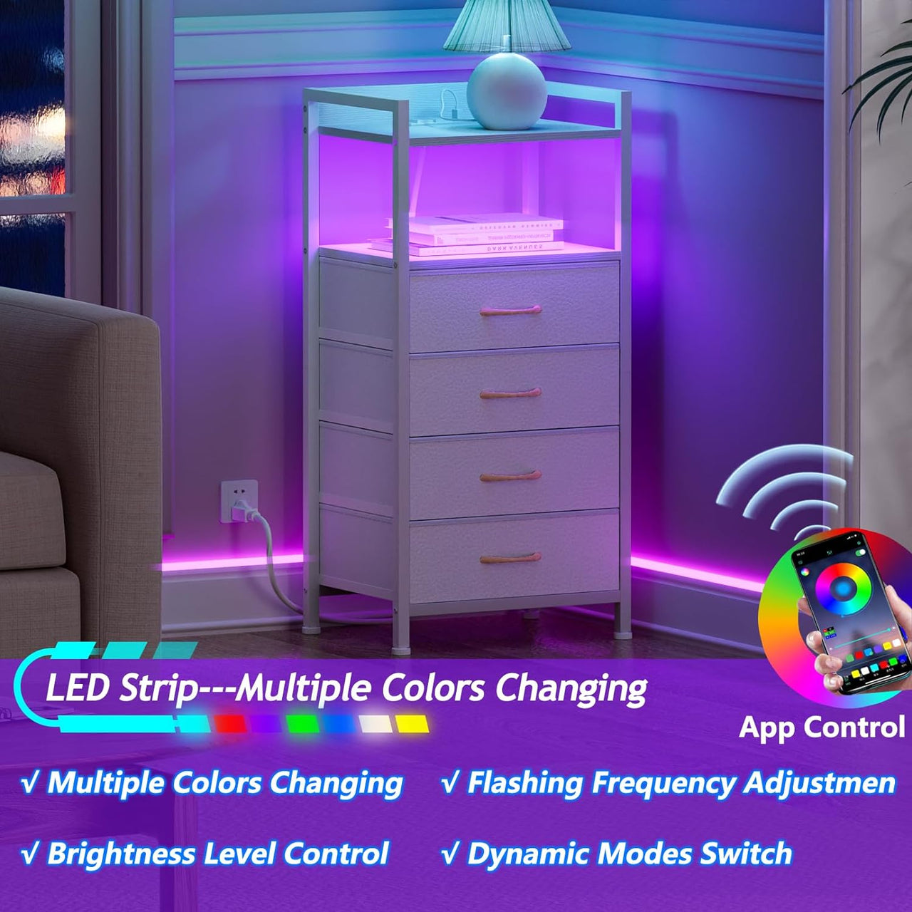 Furnulem White Nightstand with 4 Storage Drawer, Tall Dresser for Bedroom with Led Light and Charging Station, Side Table Nightstand for Closet, Fabric Bins, Metal Frame, Wood Shelf(White)