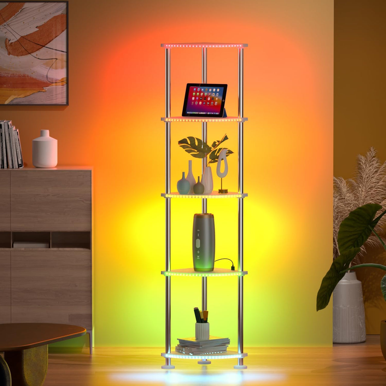 Floor Lamp with Shelf Corner Shelf with Light Standing Lamp with Shelves Music Sync Dimmable and Timing Corner Lamp with Wireless Charger & USB Port 5 Tier White