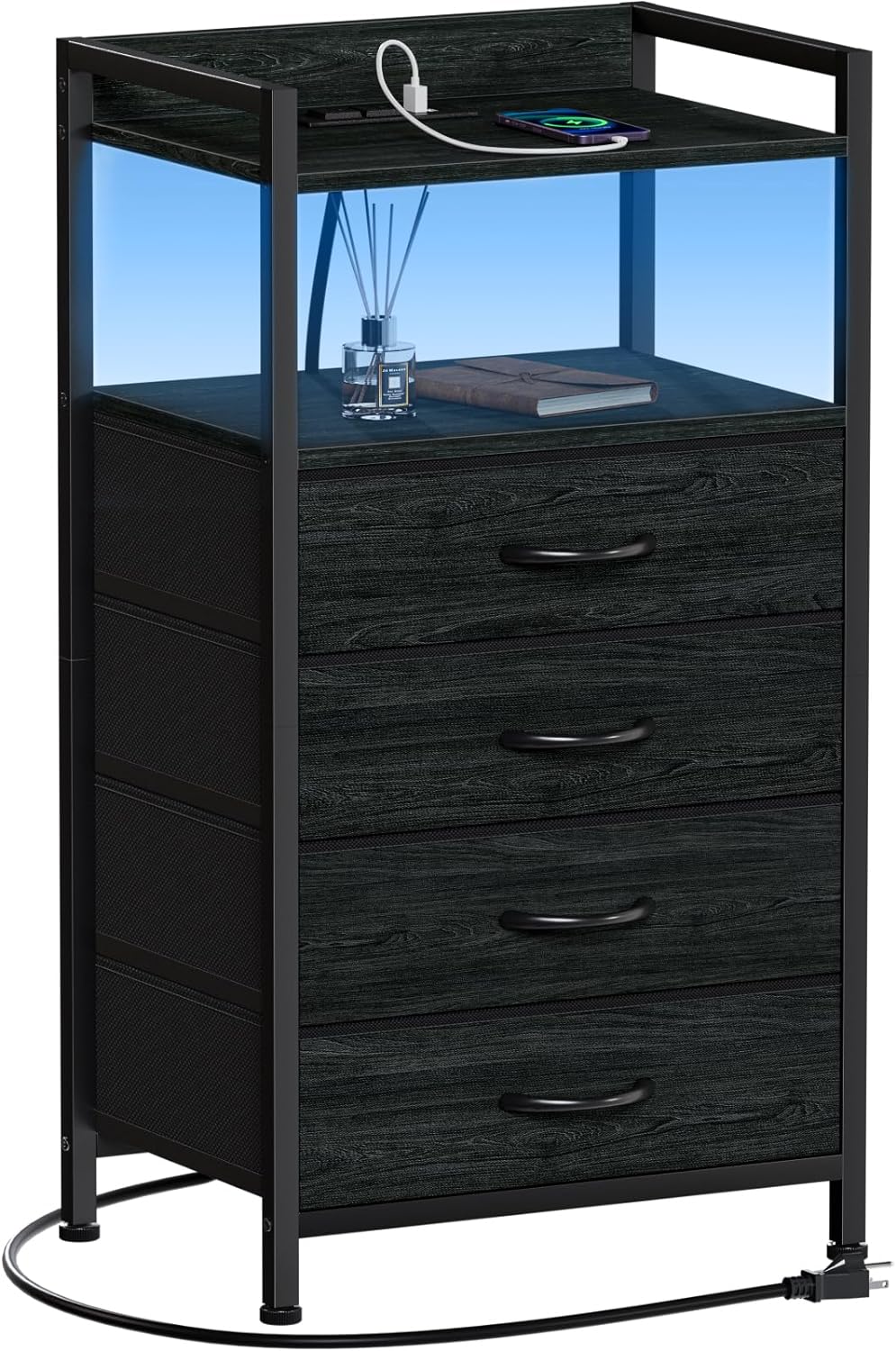 Furnulem White Nightstand with 4 Storage Drawer, Tall Dresser for Bedroom with Led Light and Charging Station, Side Table Nightstand for Closet, Fabric Bins, Metal Frame, Wood Shelf(White)