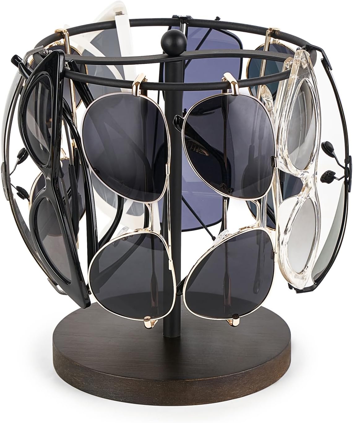 Mkono Sunglasses Organizer Glasses Holder Stand Metal Frame with Wood Base Sunglass Storage Display Eyeglasses Rack for up to 12 Pairs of Eyewear Glasses for Table Dresser Desk Bedroom, Black