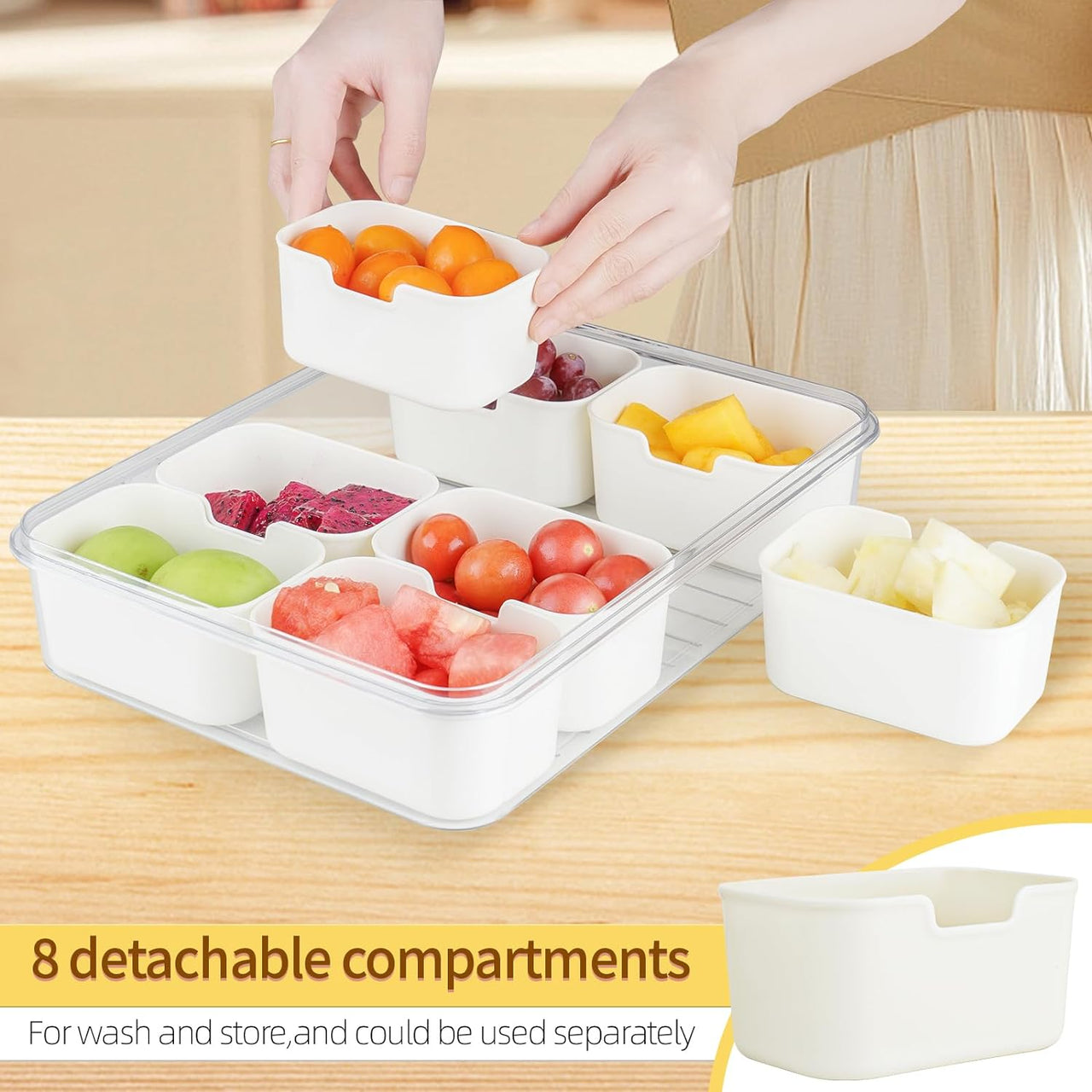 Divided Serving Tray with Lids& Removable, Snack Fruit Tray, 8 Compartment Square Food Storage Lunch Organizer for Vegetarian Candy, Fruits, Nuts, Snacks, for Party, Entertaining, Picnic
