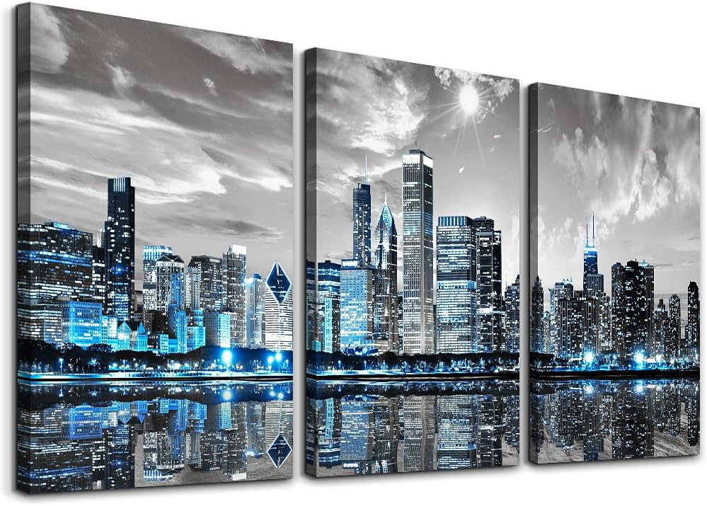 SERIMINO 3 Piece Lotus Flower Canvas Wall Art for Living Room White and Indigo Blue Floral Picture Wall Decor for Dining Room Bedroom Bathroom Kitchen Print Painting for Home Decorations