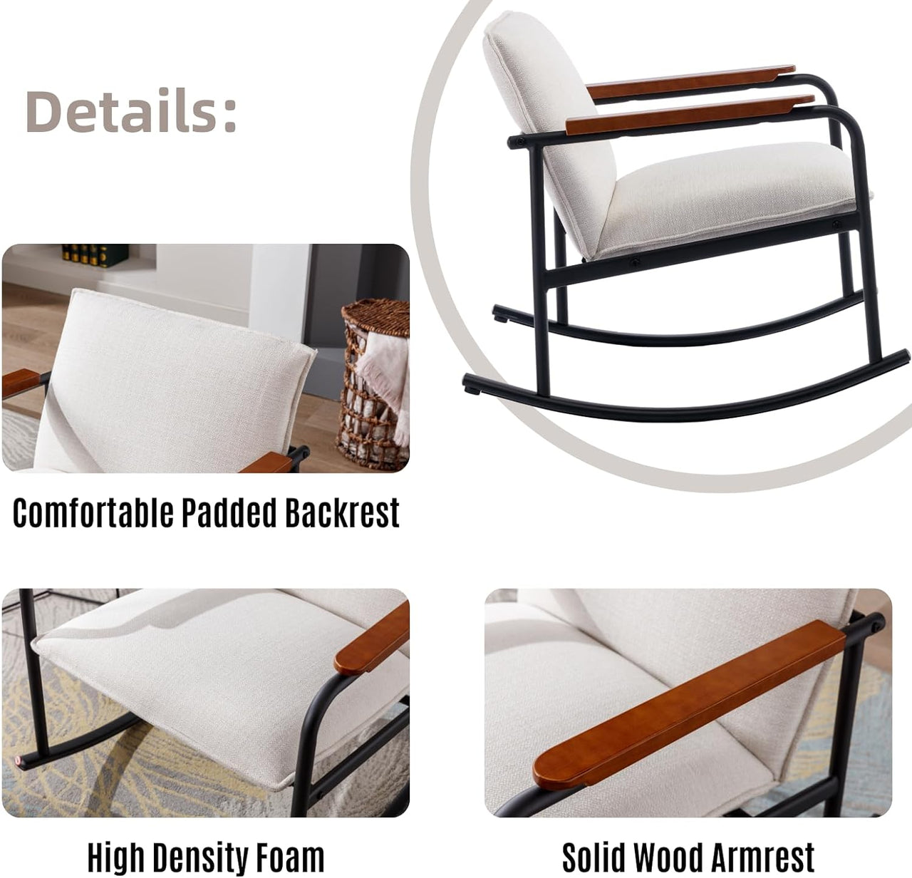 LukeAlon Mid Century Linen Rocking Accent Chair, Modern Lounge Chair with Metal Base Retro Comfy Low Nursery Rocker Chair with Wooden Armrest for Living Room Bedroom, Beige