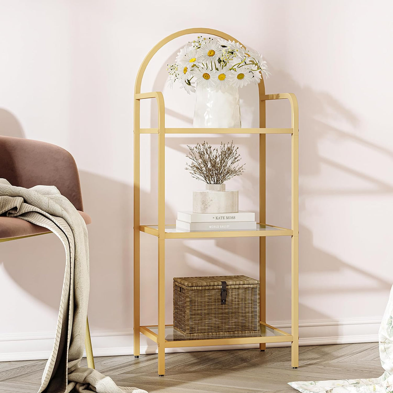 Bookcase Bookshelf, Tempered Glass Bookshelves, Slim Shelving Unit for Bedroom, Bathroom, Home Office, Steel Frame, 5 Tier Gold BC21599G