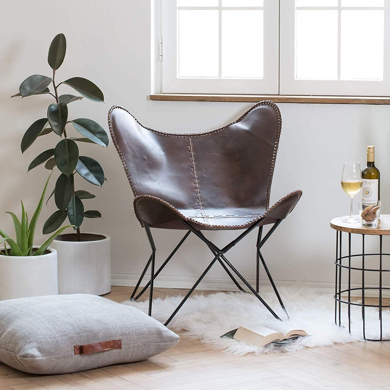 Home Décor Genuine Leather Butterfly Chair Handmade Iron Frame I Lounge Chair, Comfortable Recliner