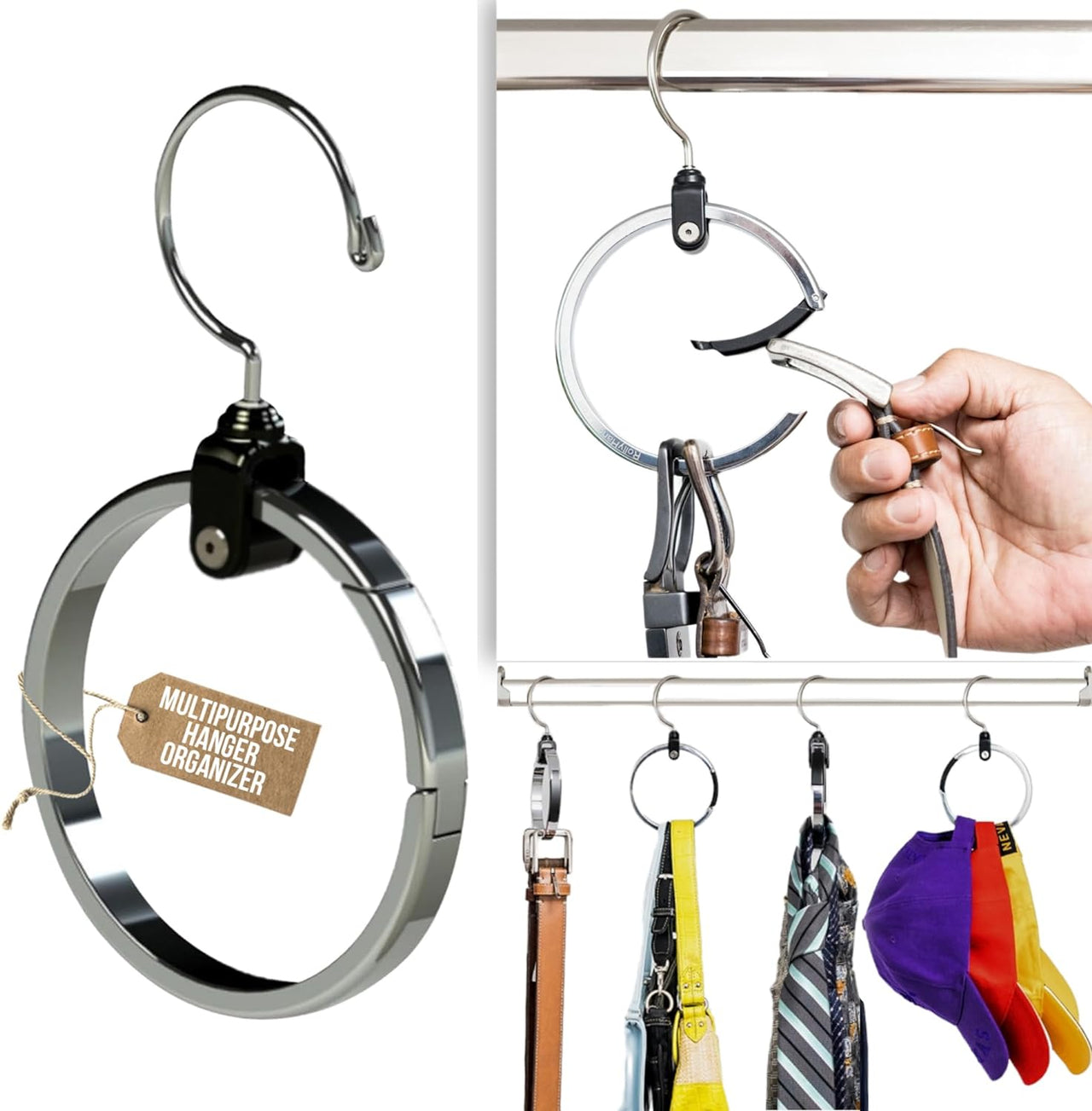 3-Pack Multipurpose Closet Hanger Organize All Your Belts, Sport Hats, Ties, Scarves, Purses, Garment, Gear and More! ROLLY HANGER is Uniquely Designed to Accommodate Both Heavy and Light Items