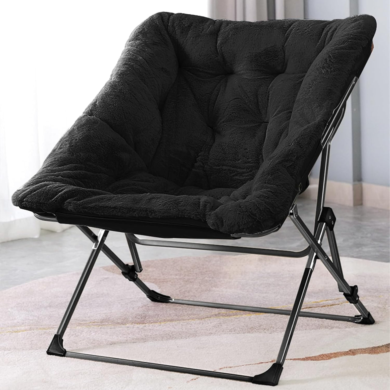 OAKHAM Comfy Saucer Chair, Folding Faux Fur Lounge Chair for Bedroom and Living Room, Flexible Seating for Kids Teens Adults, X-Large (Faux Fur-Grey)