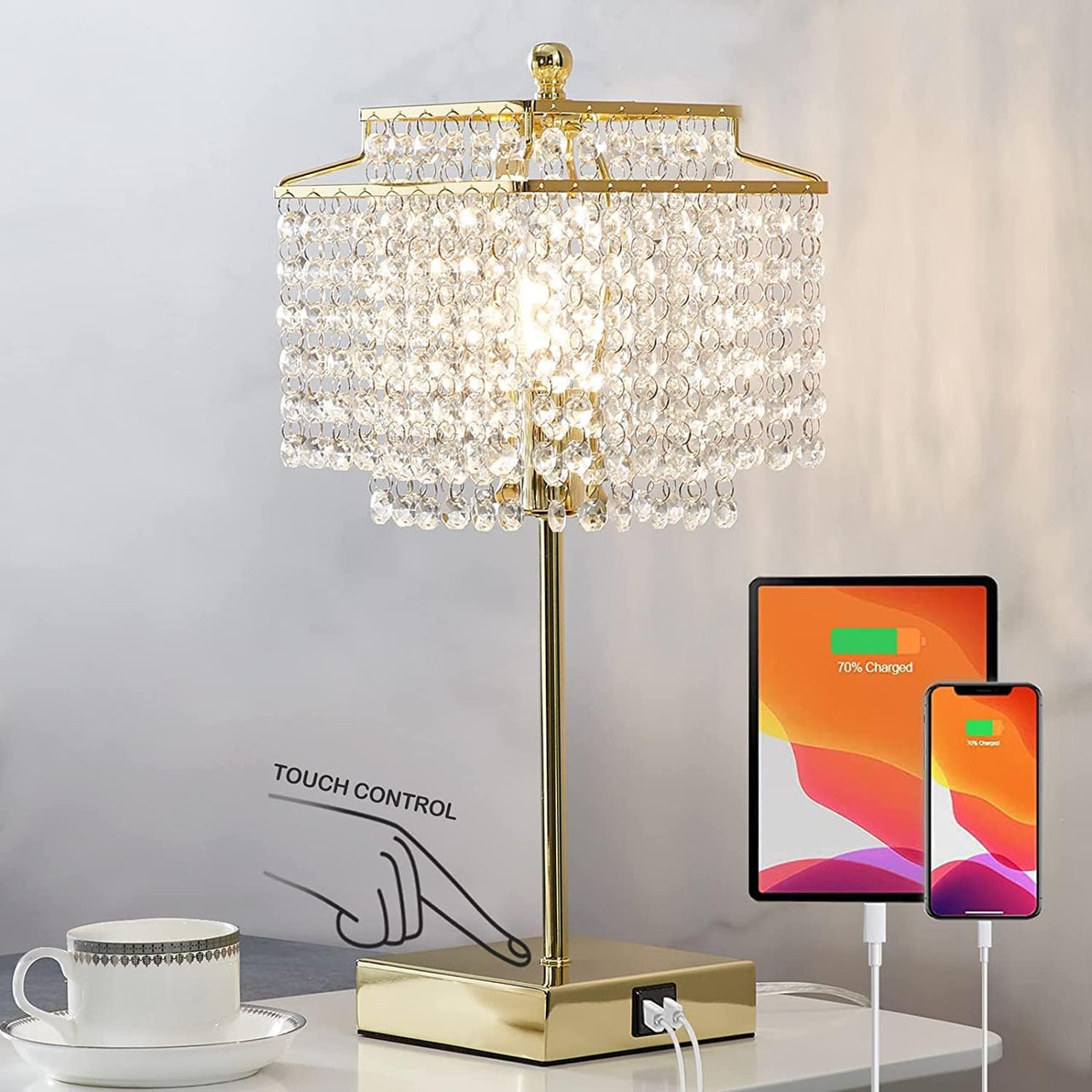 Luvkczc Crystal Table Lamp with Touch Control, USB Bedside Crystal Table Lamp, 3-Way Dimmable Lamp with Crystal Shade for Girls Bedroom, Living Room, 6W LED Bulb Included